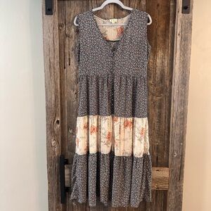 POL Patchwork Floral Tiered Midi Dress Oversized Boho Cottagecore Size S